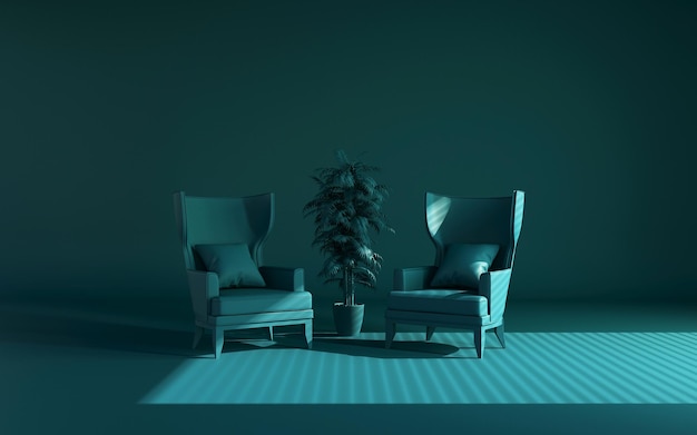 Intérieur vert foncé monochrome. Deux fauteuils et une plante en pot. Visualisation 3D