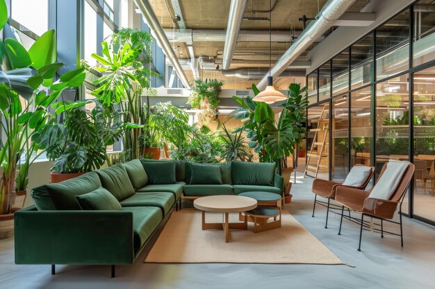 Intérieur vert à Madrid coworking salle à manger écologique dans un bureau moderne