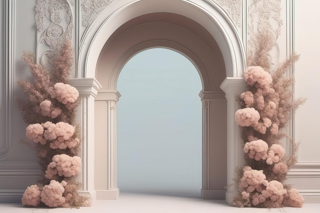 intérieur vide avec arche de fleurs et vases rendu 3 d illustration 3 d