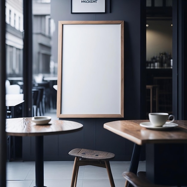 Intérieur vide de café avec des pâtisseries de cafetière et une affiche vide sur le mur