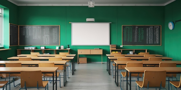 Intérieur vide d'une classe d'école avec des bureaux et des chaises espace pour le texte sur le tableau noir