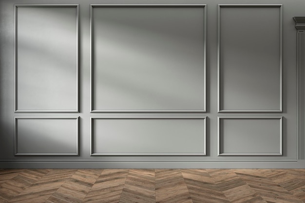 Intérieur vide gris classique moderne avec panneaux muraux et parquet