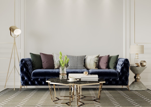 Intérieur de vie luxueux avec canapé bleu