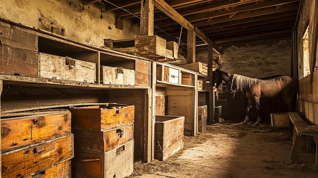 À l'intérieur d'une vieille écurie en bois ou d'une grange avec des boîtes à chevaux, vue sur un tunnel ou un couloir