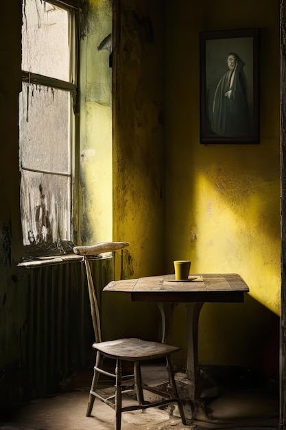 Intérieur d'une vieille maison abandonnée avec table et chaise en bois rustique