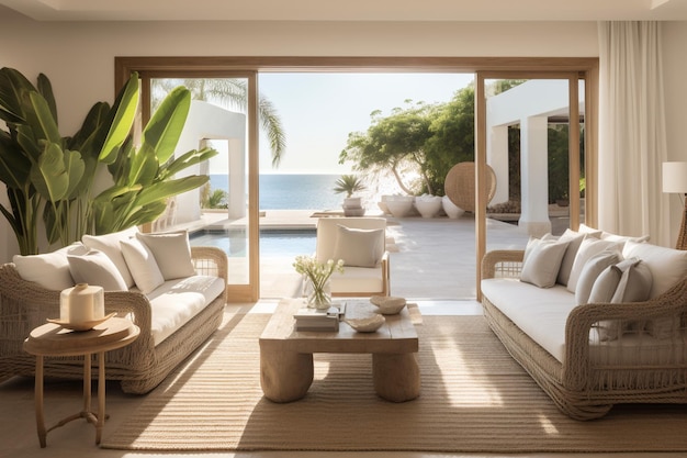 Intérieur de la villa d'été avec piscine et vue sur la mer