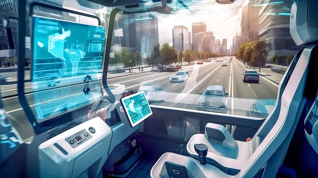 Photo l'intérieur d'une voiture du futur avec pilote automatique dans les rues de la ville