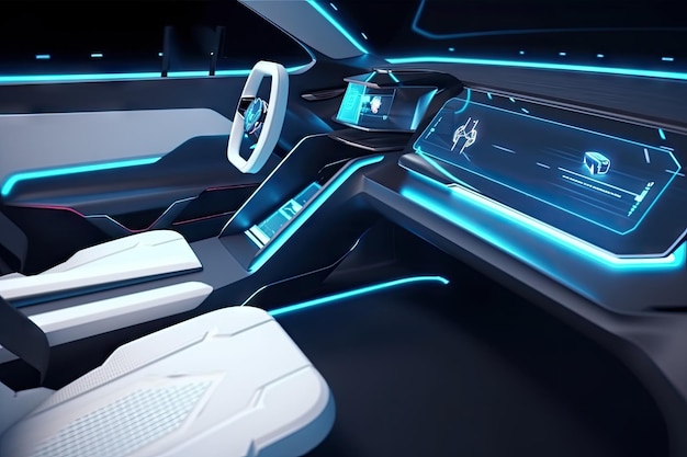 Intérieur de voiture futuriste avec écrans tactiles avancés et affichages holographiques