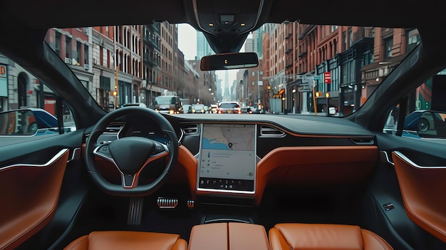 Intérieur de voiture de luxe avec tableau de bord futuriste perspective de conduite en ville conception moderne du véhicule intégration technologique transparente AI