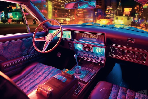 Intérieur d'une voiture rétro avec un effet néon Nostalgie