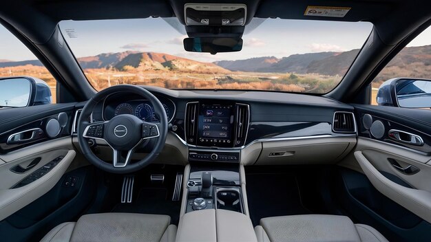L'intérieur d'une voiture sans conducteur avec un tableau de bord futuriste pour un système de commande autonome
