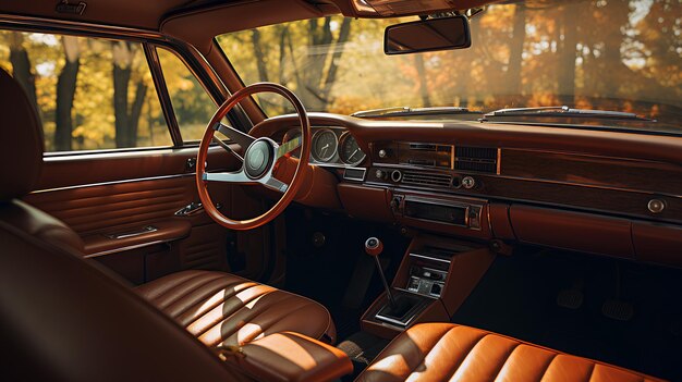 Photo intérieur de voiture vintage avec de vieux sièges en cuir et volant