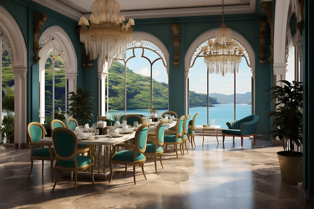 Un intérieur avec vue sur l'océan d'une salle à manger bleue