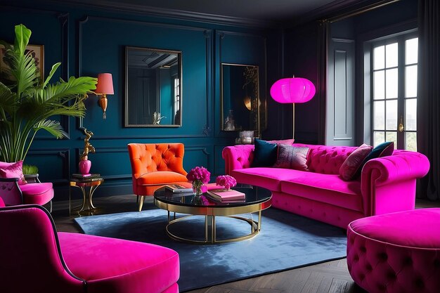 Des intérieurs colorés pour le salon, design en velours, couleur néon, luxe.