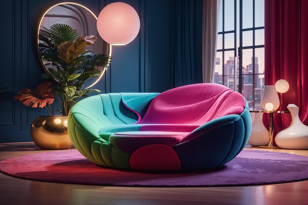 Des intérieurs colorés pour le salon, design en velours, couleur néon, luxe.