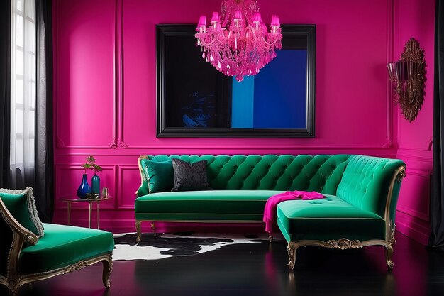 Des intérieurs colorés pour le salon, design en velours, couleur néon, luxe.