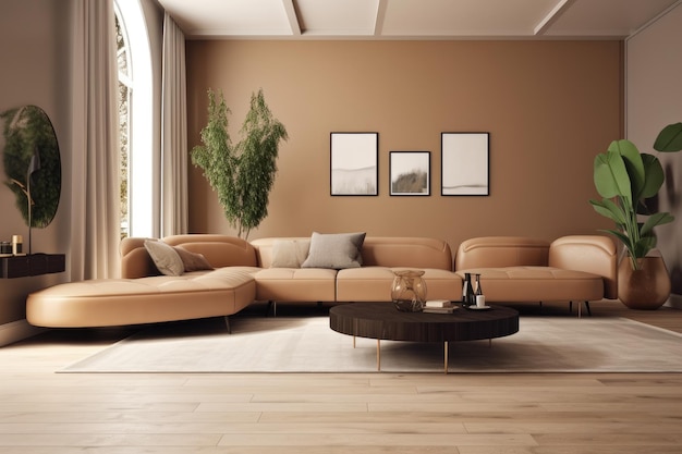 Intérieurs lumineux modernes appartement salon rendu 3D illustration image générée par ordinateur Futur salon moderne avec canapé en cuir beige généré par l'IA