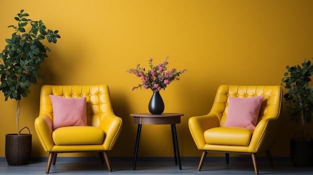 Les intérieurs modernes ont des fauteuils jaunes avec un fond de mur bleu et jaune