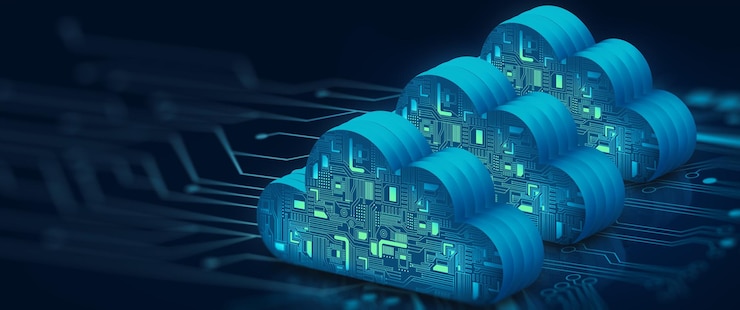 Photo internet de la technologie cloud computing sur le point de convergence du circuit avec un fond bleu abstrait. service cloud, concept de stockage en nuage. illustration 3d.