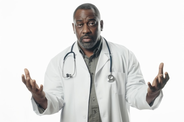 Un interniste afro-américain se tient debout et étend ses bras sur les côtés sur un fond blanc