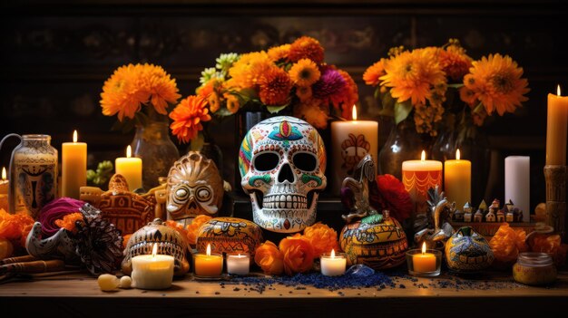 une interprétation artistique d'un autel traditionnel du jour des morts orné de bougies soucis