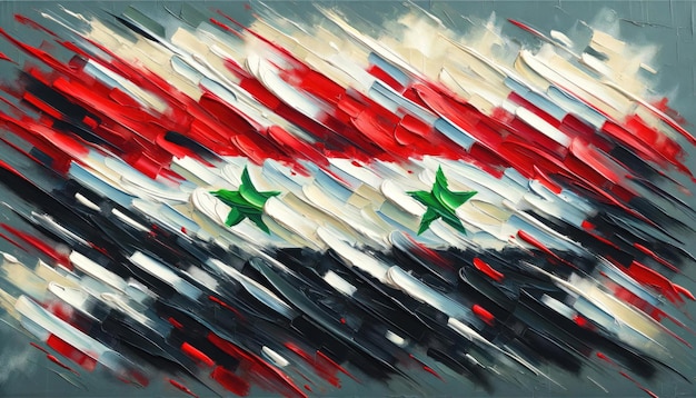 Une interprétation artistique du drapeau syrien avec des coups de pinceau dynamiques dans un style abstrait
