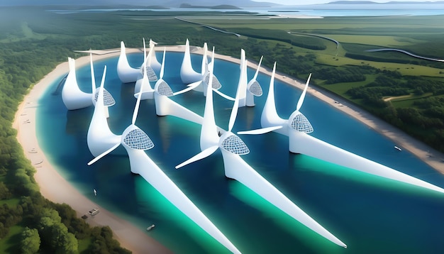 Une interprétation artistique d'un lagon de marée rempli de turbines productrices d'énergie AI Generativ