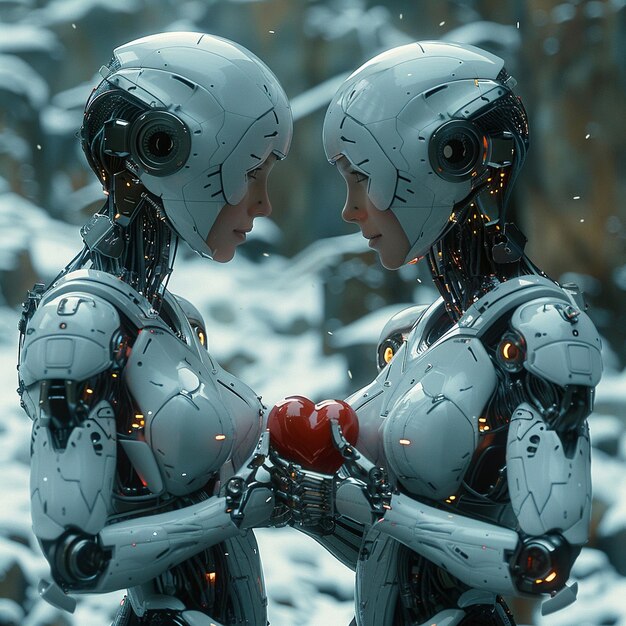 Interprétation scientifique de la célébration de la journée blanche avec des androïdes échangeant des jetons métalliques en forme de cœur