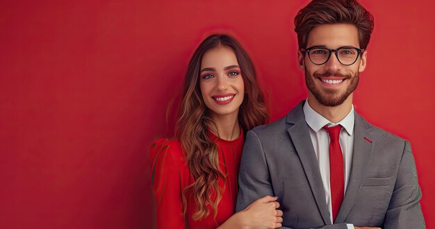 Photo un interprète de langue des signes en tenue professionnelle se tient à côté d'un orateur lors d'un événement photoréaliste à fond de couleur solide