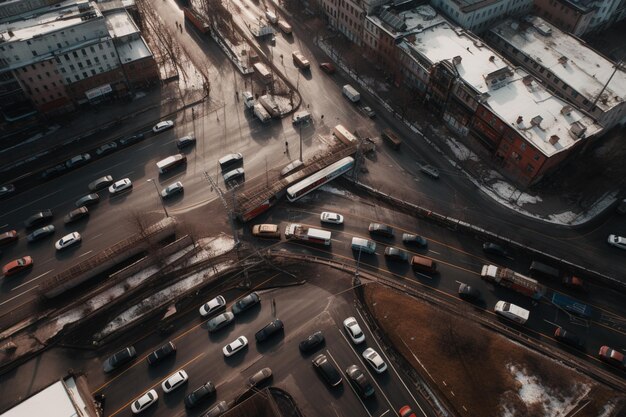 Une intersection achalandée avec un bus sur la route.