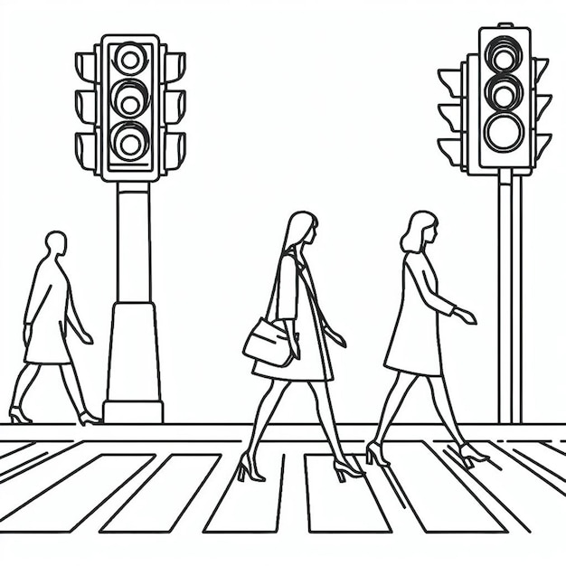 Intersection avec feux de signalisation et passage pour piétons en ligne avec des détails simples en ligne simple