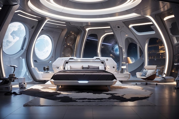 Interstellar Knowledge Hub Une chambre futuriste pour les curieux