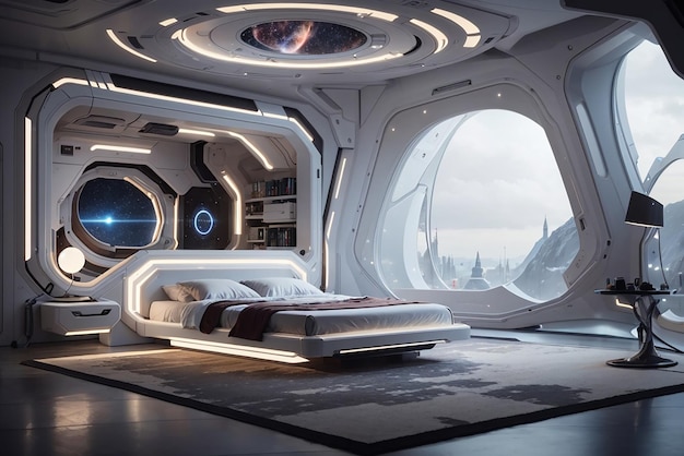 Interstellar Knowledge Hub Une chambre futuriste pour les curieux