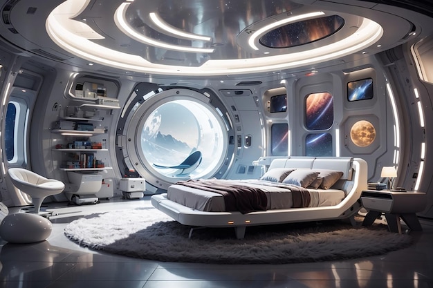 Interstellar Knowledge Hub Une chambre futuriste pour les curieux