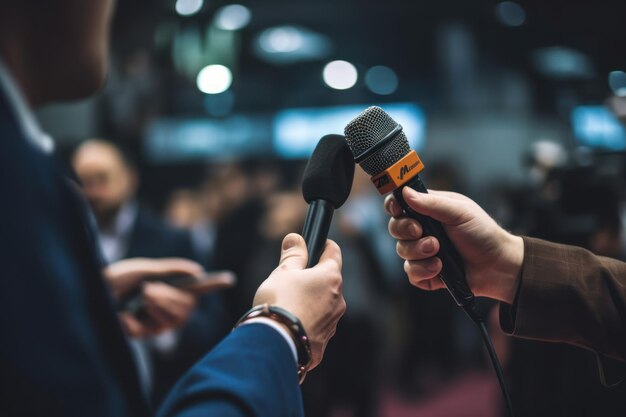 Photo interview des médias professionnels main tenant un microphone après une conférence de presse