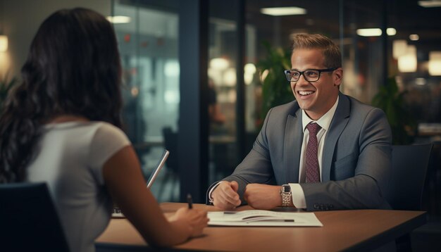 L'interviewer et le demandeur discutent de l'opportunité d'emploi Discussion sur l'embauche professionnelle