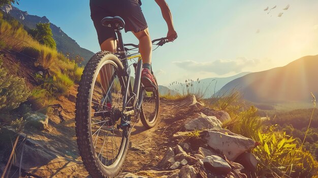 Photo un intrépide cycliste de montagne défie la gravité tout en navigant sur un terrain accidenté dans une aventure sportive extrême. des frissons d'adrénaline vous attendent dans ce voyage époustouflant.