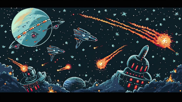 Invasion extraterrestre de pixels Style Pixelart Invasion alien de 8 bits Design artistique de pixels de jeux vidéo Nostalgie de jeux d'arcade Généré par l'IA