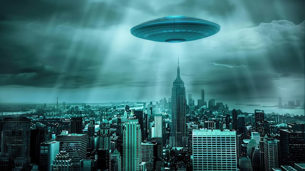 Une invasion extraterrestre Un vaisseau spatial extraterrestre plane au-dessus d'une ville densément peuplée