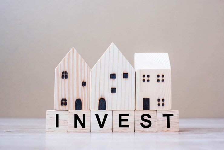 Photo investir des cubes avec un modèle de maison en bois sur fond de table.