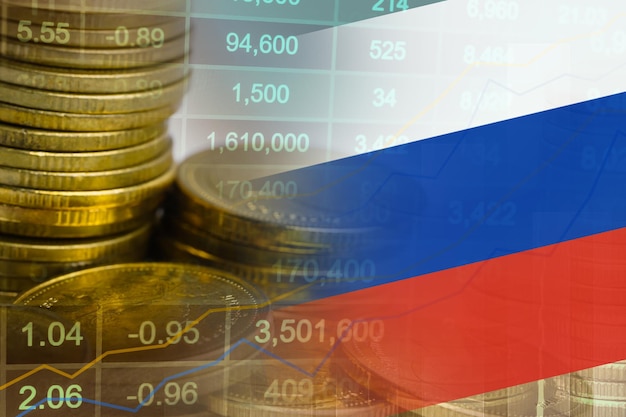 Investissement boursier trading pièce financière et drapeau de la Russie ou Forex pour analyser le fond des données de tendance des affaires de financement des bénéfices