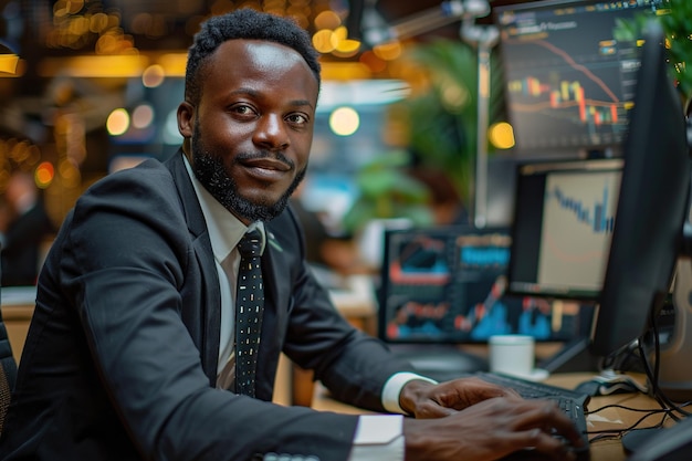 Investisseur boursier afro-américain talentueux travaillant sur un ordinateur de bureau Day Trading Company partage des investissements technologiques précieux communiquant avec ses clients Portrait d'un spécialiste masculin