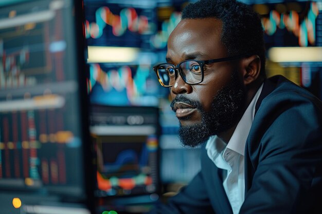 Investisseur boursier afro-américain talentueux travaillant sur un ordinateur de bureau Day Trading Company partage des investissements technologiques précieux communiquant avec ses clients Portrait d'un spécialiste masculin