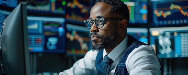 Investisseur boursier afro-américain talentueux travaillant sur un ordinateur de bureau Day Trading Company partage des investissements technologiques précieux communiquant avec ses clients Portrait d'un spécialiste masculin