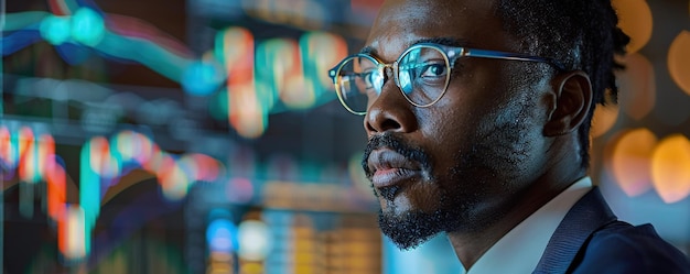 Investisseur boursier afro-américain talentueux travaillant sur un ordinateur de bureau Day Trading Company partage des investissements technologiques précieux communiquant avec ses clients Portrait d'un spécialiste masculin