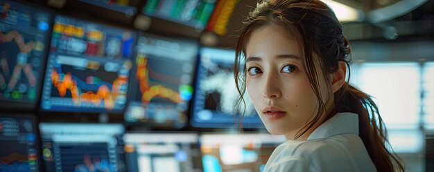 Un investisseur boursier japonais talentueux travaillant sur un ordinateur de bureau Une société de day trading partage des investissements technologiques précieux communiquant avec ses clients Portrait d'une spécialiste féminine