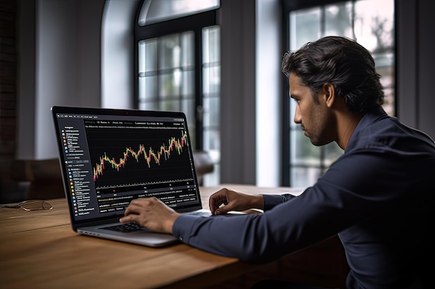 Photo investisseur concentré analysant les tendances du marché boursier sur ordinateur