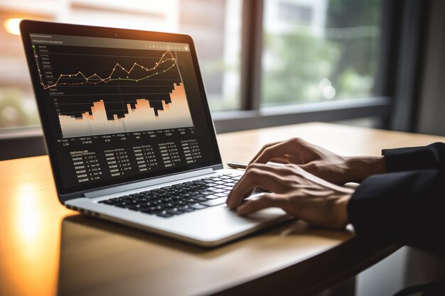 Investisseur cryptographique analyste courtier analysant le commerce financier des actions plate-forme de bourse des indices des graphiques numériques données sur l'écran de l'ordinateur penser au marché boursier investir analyse risque sur l'épaule