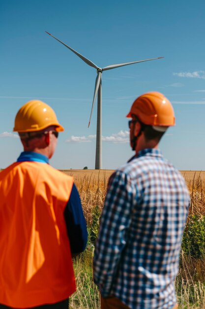 Des investisseurs et un technicien parlent devant un parc d'éoliennes distinct représentant des alternatives d'électricité durables pour les entreprises axées sur les GES.