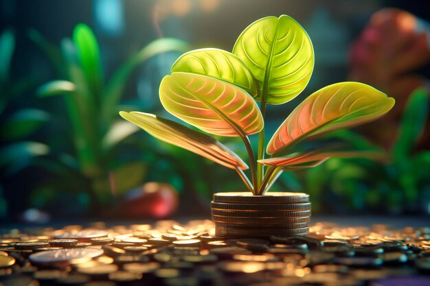 Investissez dans un avenir meilleur avec une image d'une plante en croissance sur des pièces de monnaie